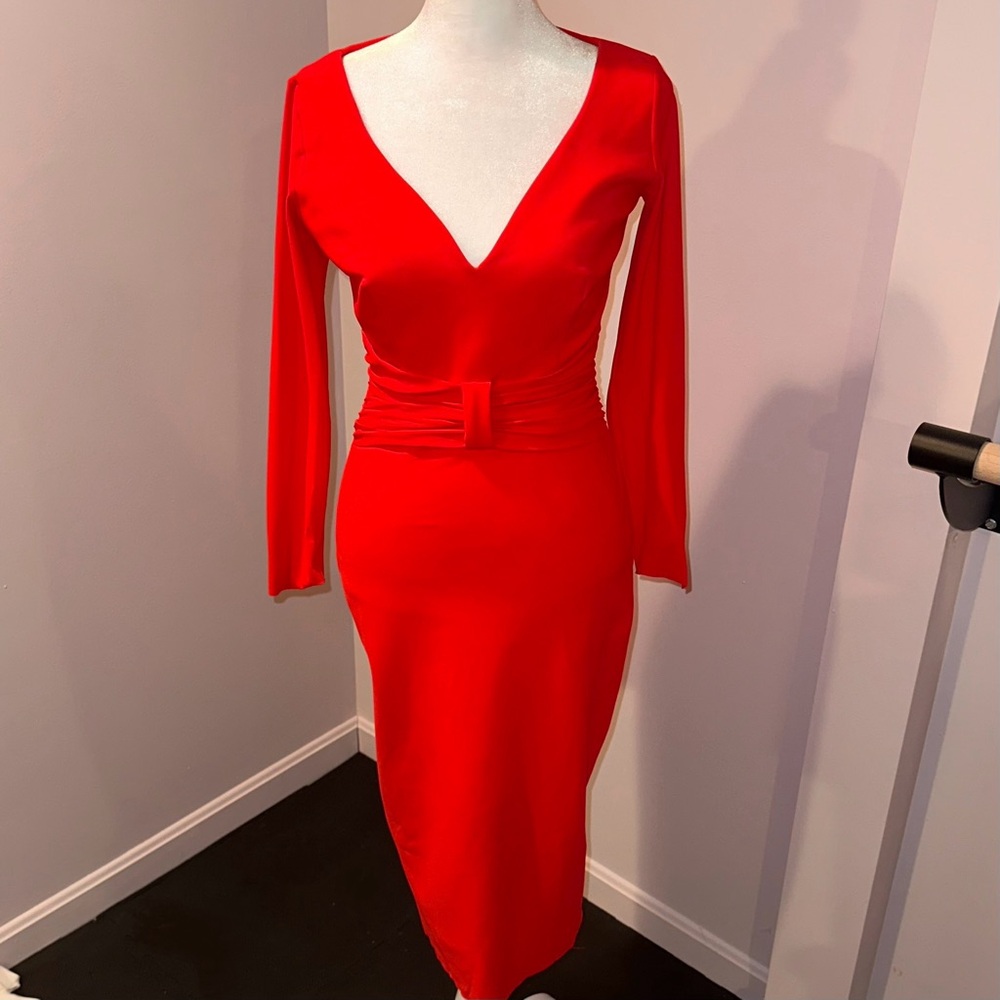 Chiara Boni Red Plunging Neckline Long Sleeve Fitted Dress